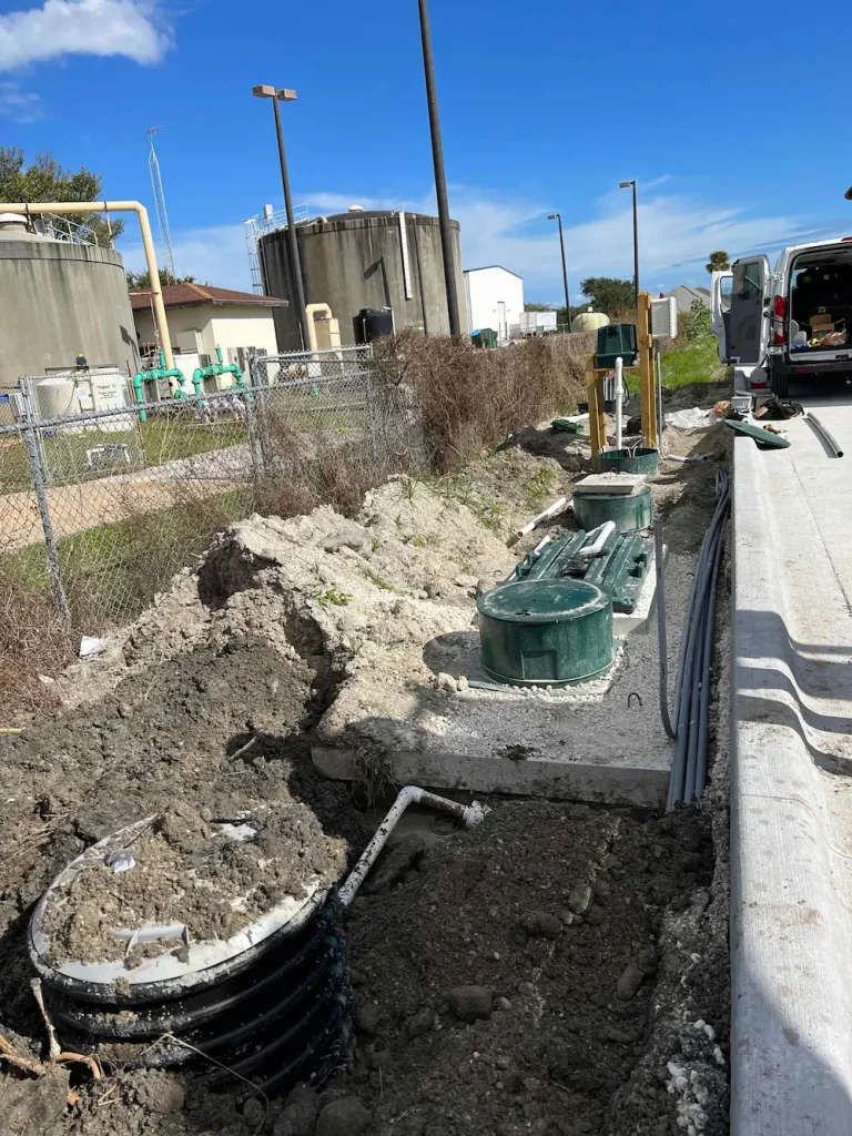 Commercial septic tanks and risers in a narrow trench