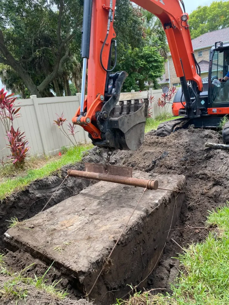 Septic tank being installed in the ground