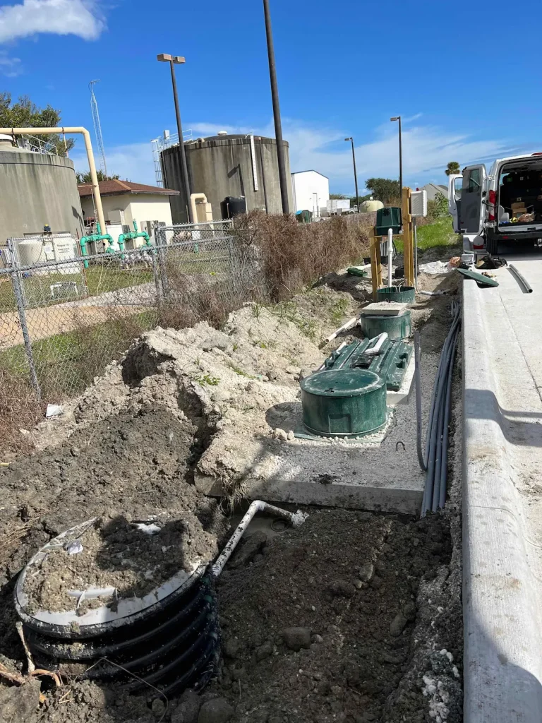 Commercial septic tank risers and lids along a sidewalk