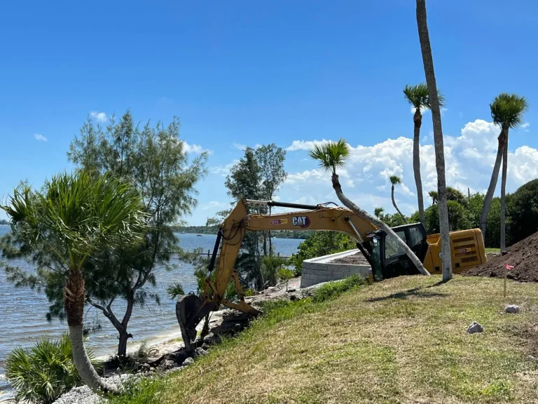 Excavator on a waterfront lot among palm trees on the river
