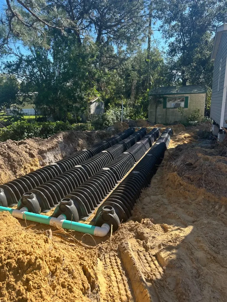 Drainfield chambers installed in a deep trench